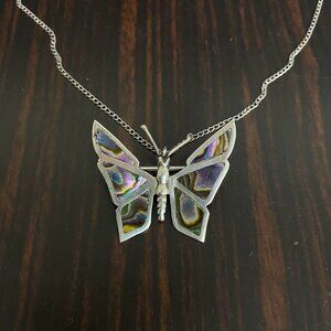 Vintage Sterling Silver Abalone Butterfly Brooch Pendant / Convertible Bail Neck